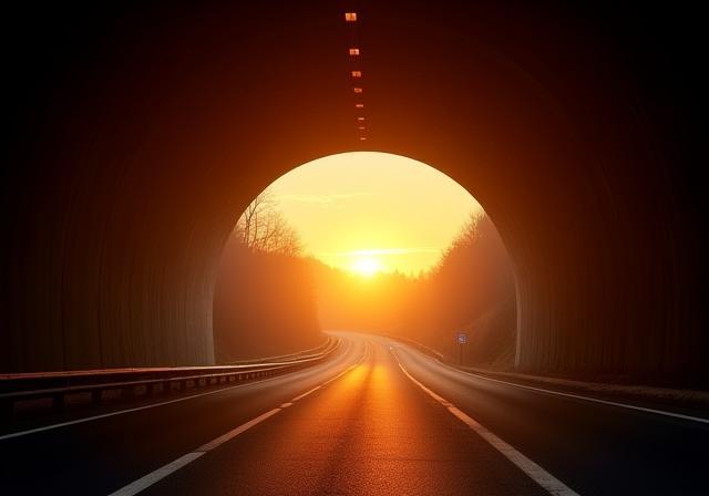 Tunnel auf österreichischer Straße bei Sonnenuntergang